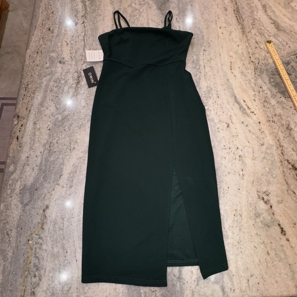 NWT Owin Size Medium Bodycon Midi Formal‎ Dress Hunter Green Front Slit